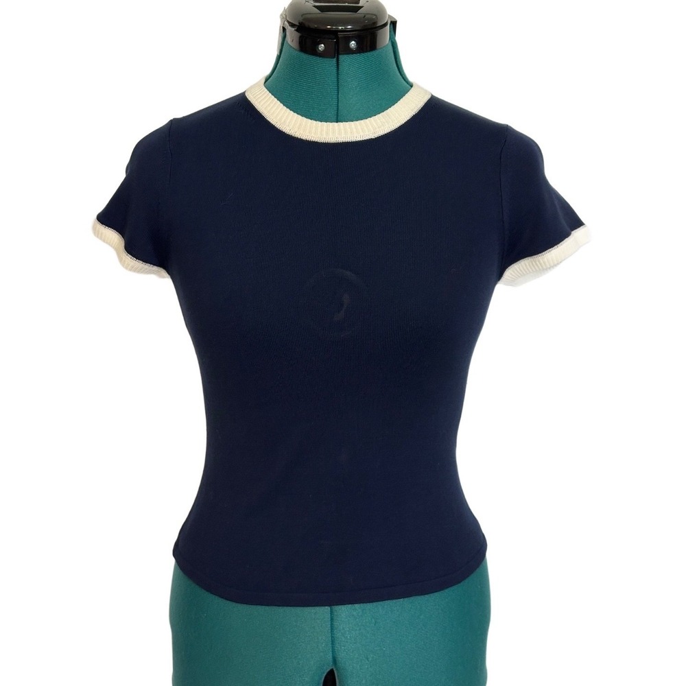 NWT SIMKHAI Carmen Ringer Cotton Linen Blend Knit T-Shirt XS Navy Blue White Top